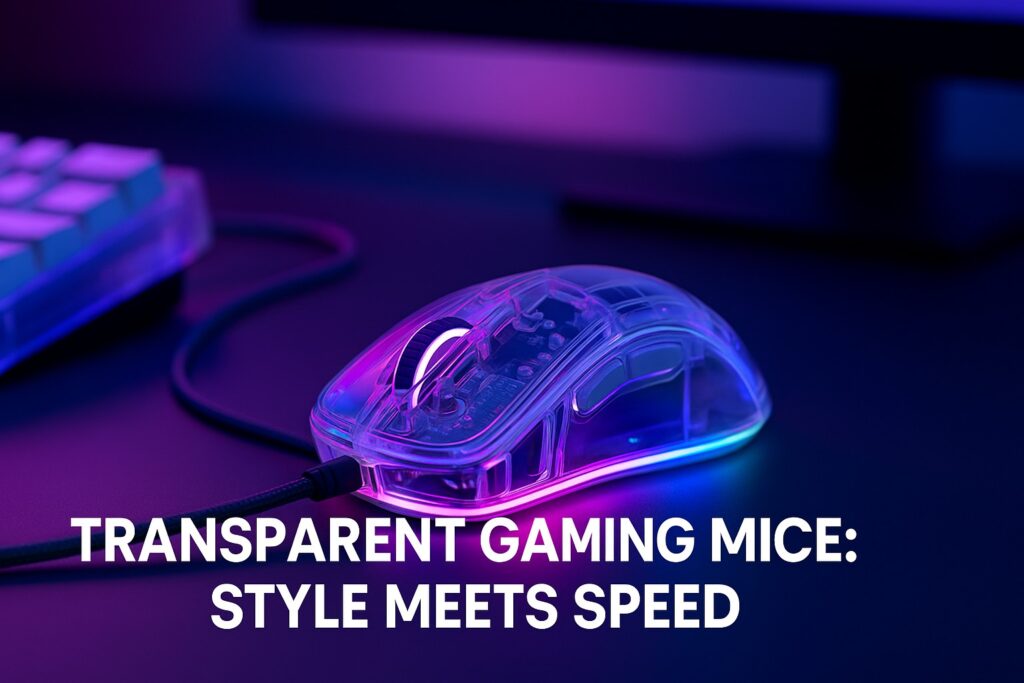 Transparent gaming mouse glowing with RGB lighting on a sleek gaming desk