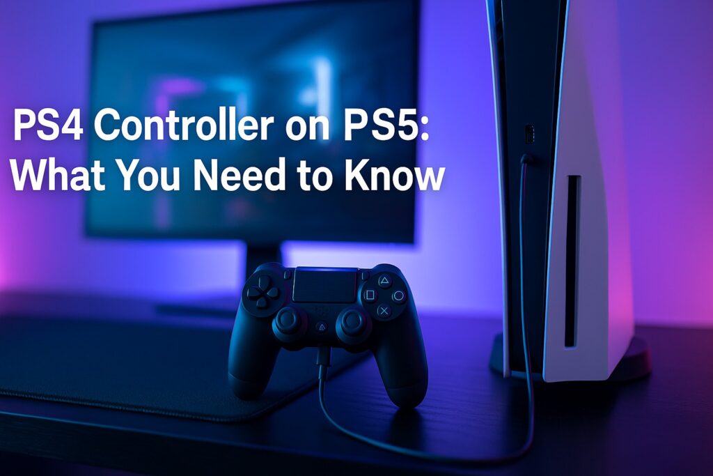 PS4 controller connected to a PS5 console with a gaming monitor in the background