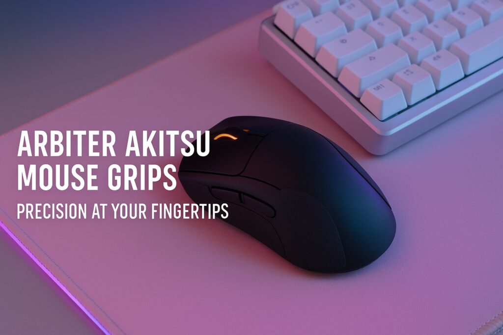Gaming mouse with Arbiter Akitsu grips on a pink RGB-lit desk beside a mechanical keyboard