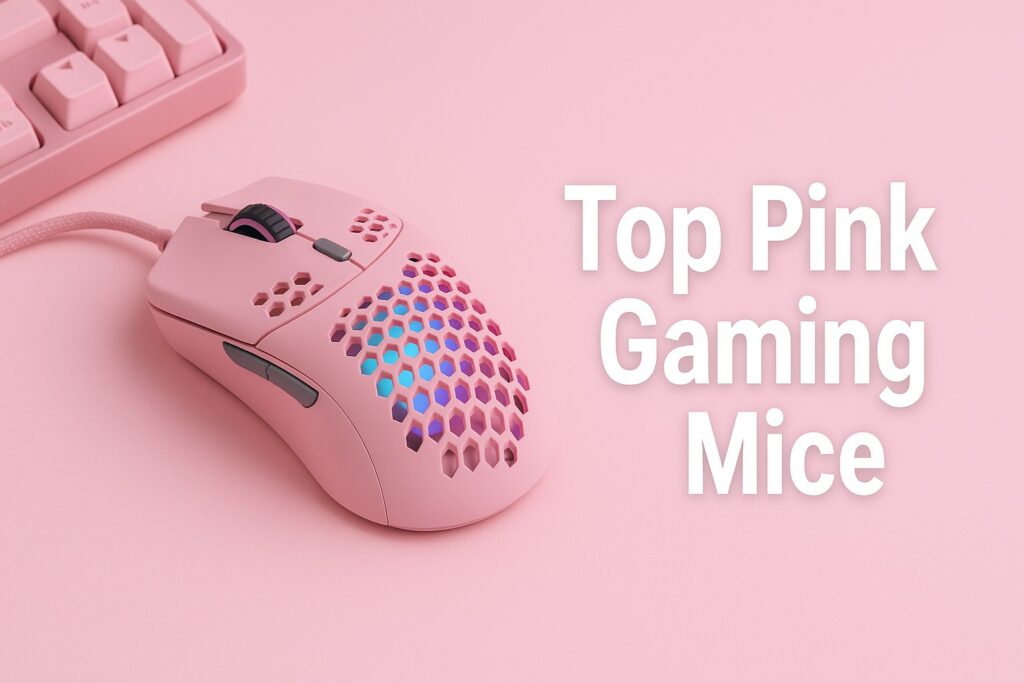 Pink gaming mouse with RGB lighting next to a keyboard on a pastel desk