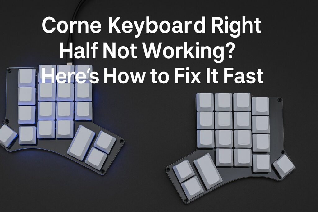 Corne split mechanical keyboard with left half lit and right half inactive