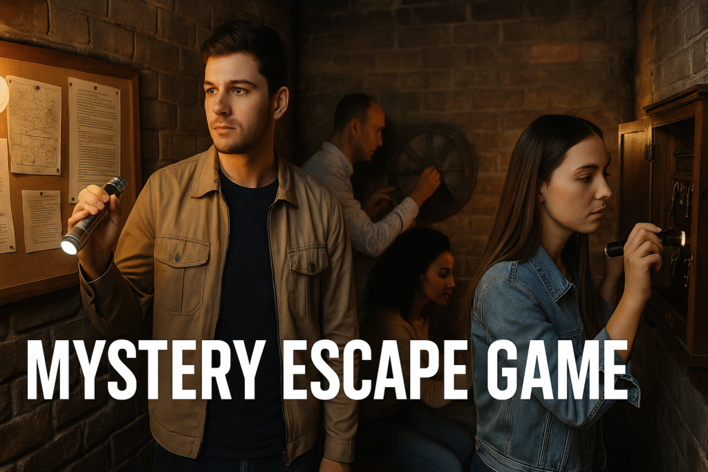 A team solving puzzles inside a themed mystery escape room with flashlights
