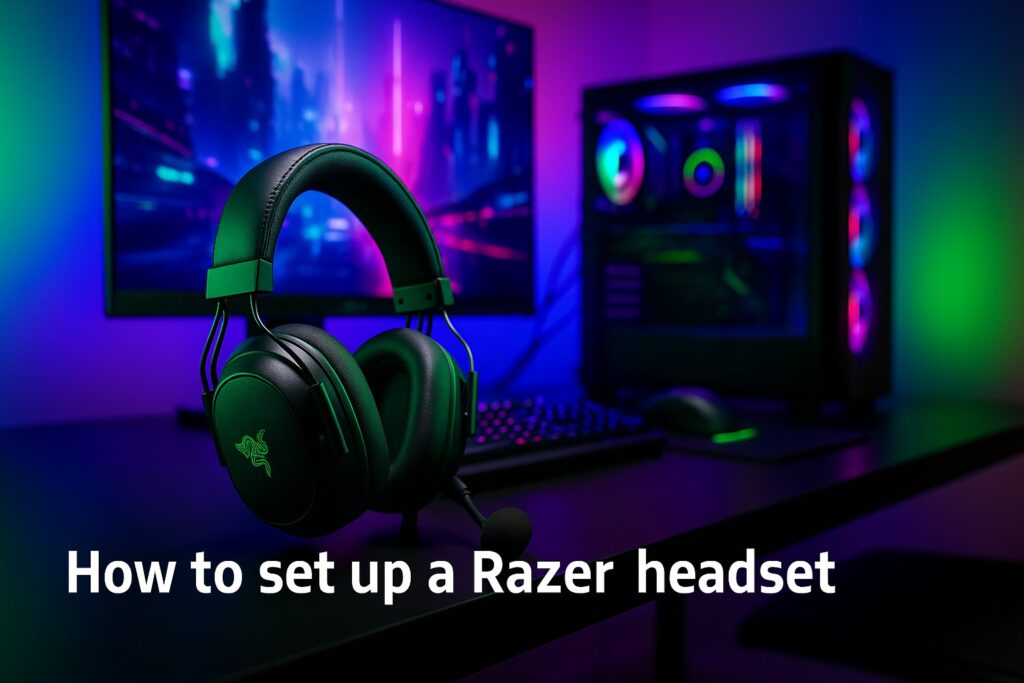 Razer headset placed in an RGB-lit gaming room with PC and monitor setup