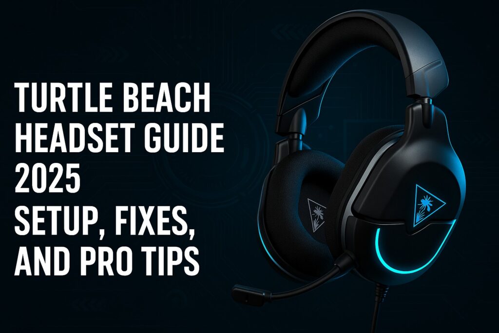 A Turtle Beach gaming headset with neon accents on a futuristic digital background.