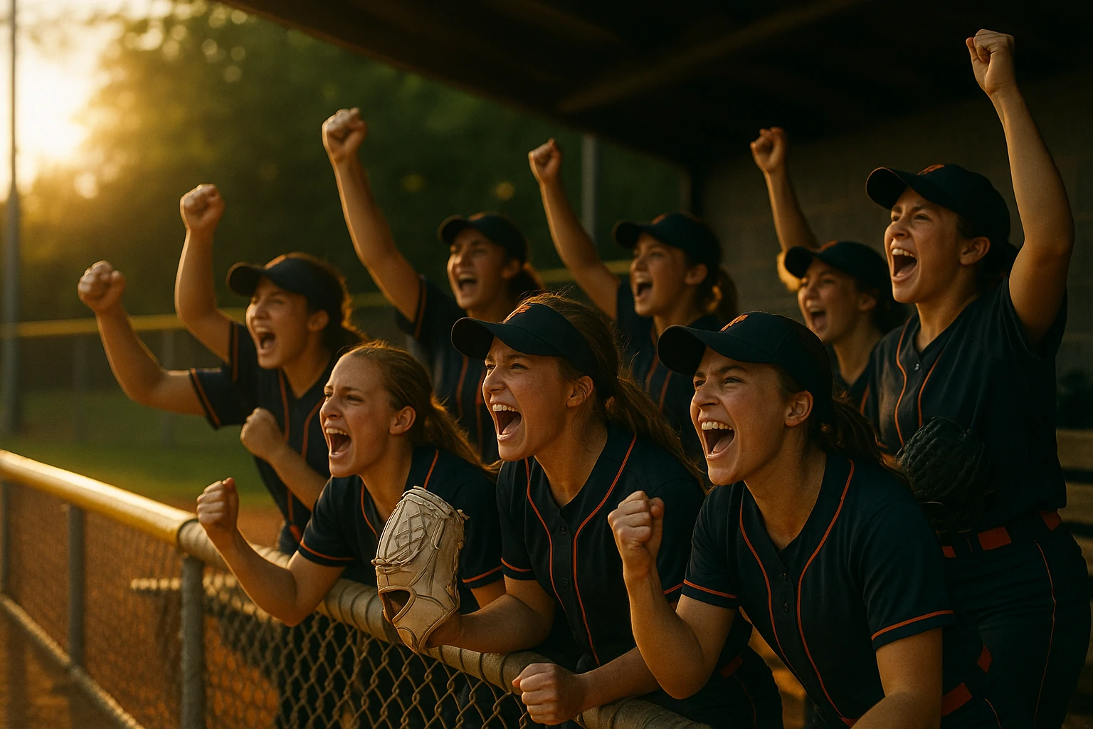 Seven youth softball players in red uniforms chant from the dugout during a bright afternoon game.