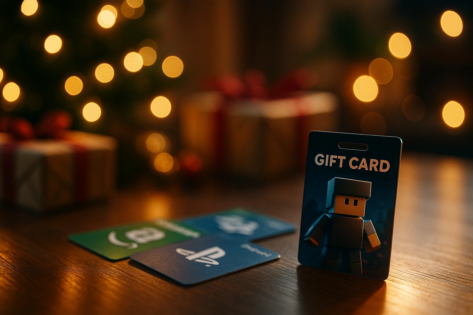 Realistic image of digital gift cards surrounded by shopping receipts and warm lighting to suggest seasonal Bloxgame gift card deals.