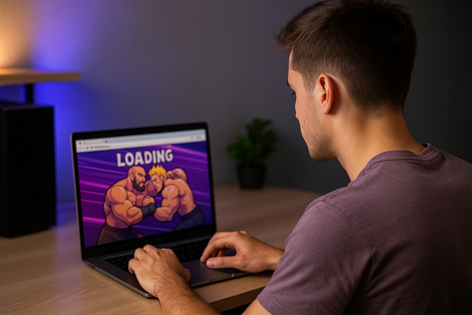 A person sitting at a desk looking concerned at a laptop screen with popups and download prompts.