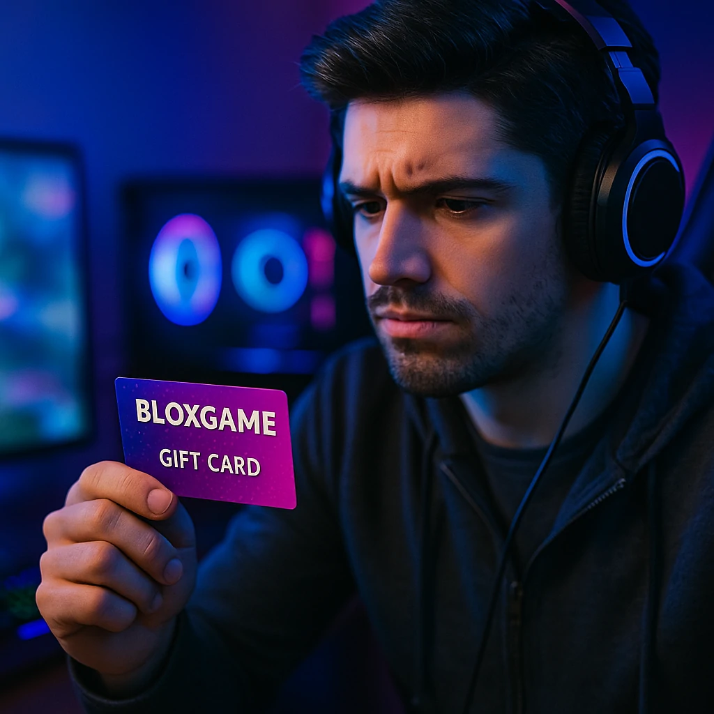Young gamer looks focused while redeeming a digital giftcard code in a neon-lit gaming setup, representing the modern Bloxgame giftcard experience.
