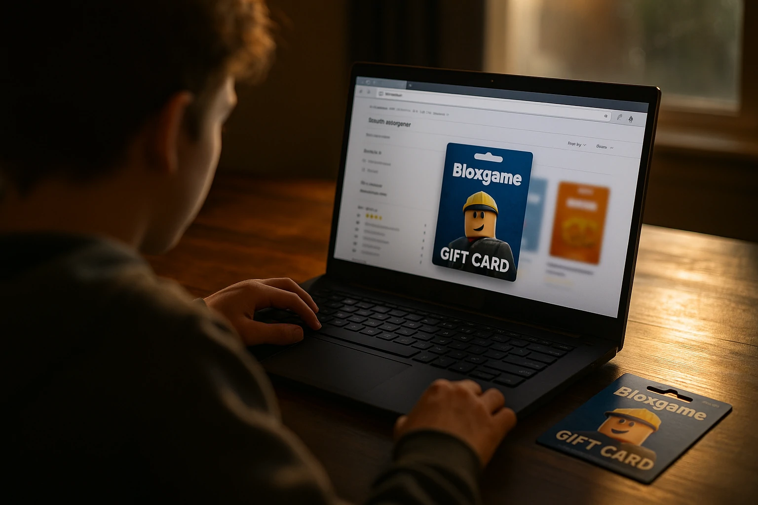 Cinematic photo of a person browsing a gift card balance on a laptop in natural glowing light.