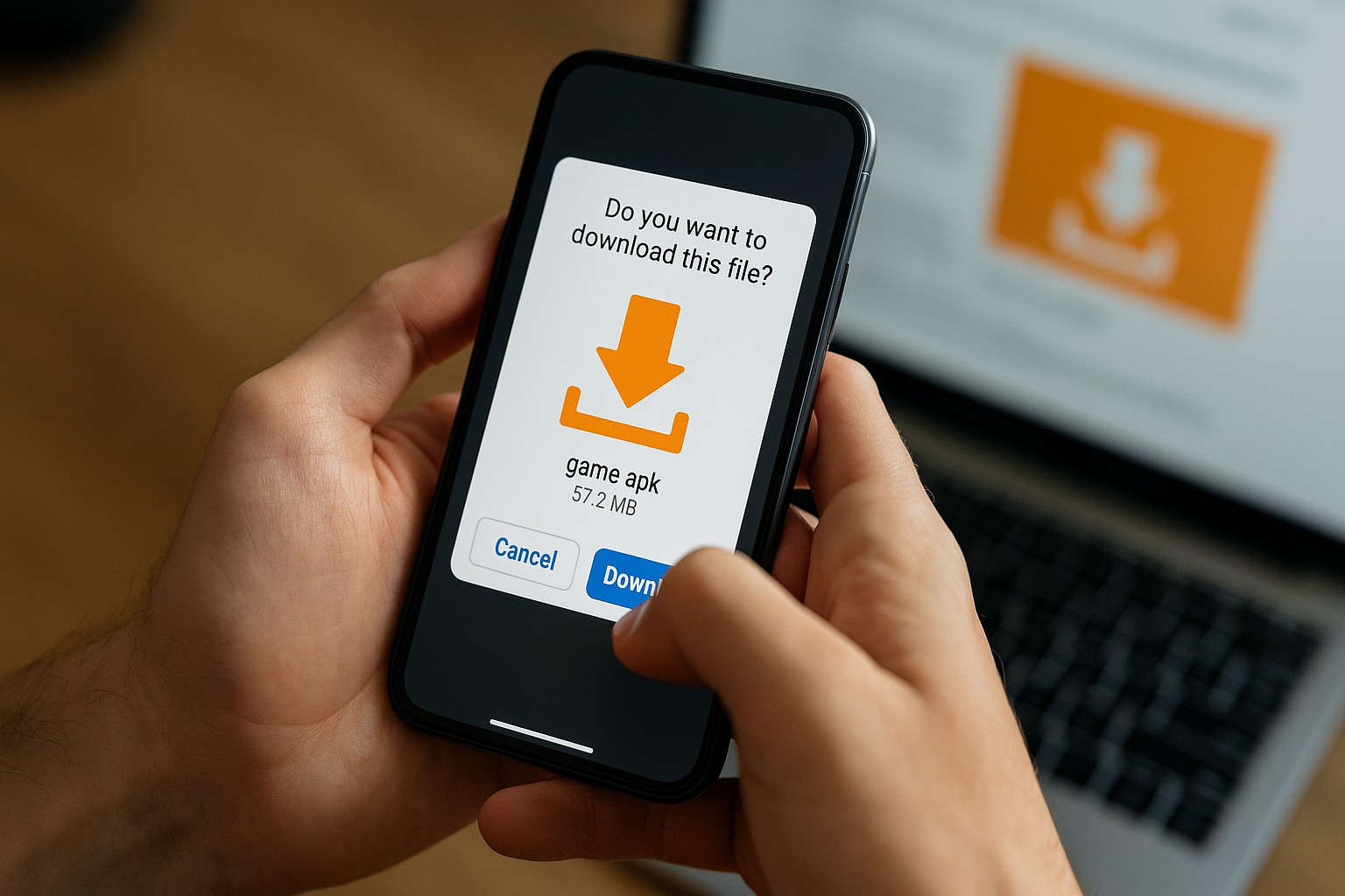 Person checking download details on a smartphone before installing a game