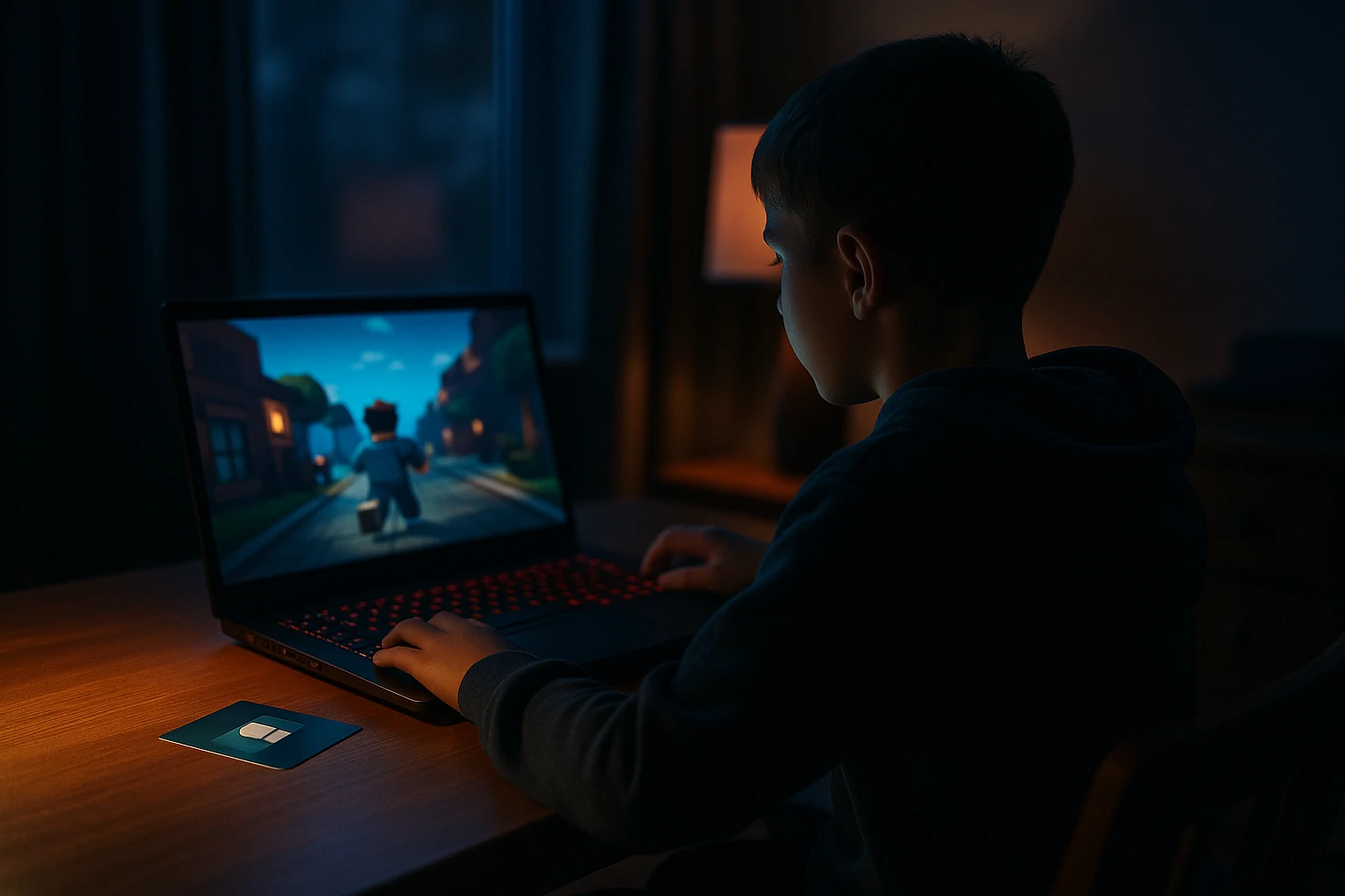A young boy holding a gaming giftcard near a glowing screen with soft natural light.