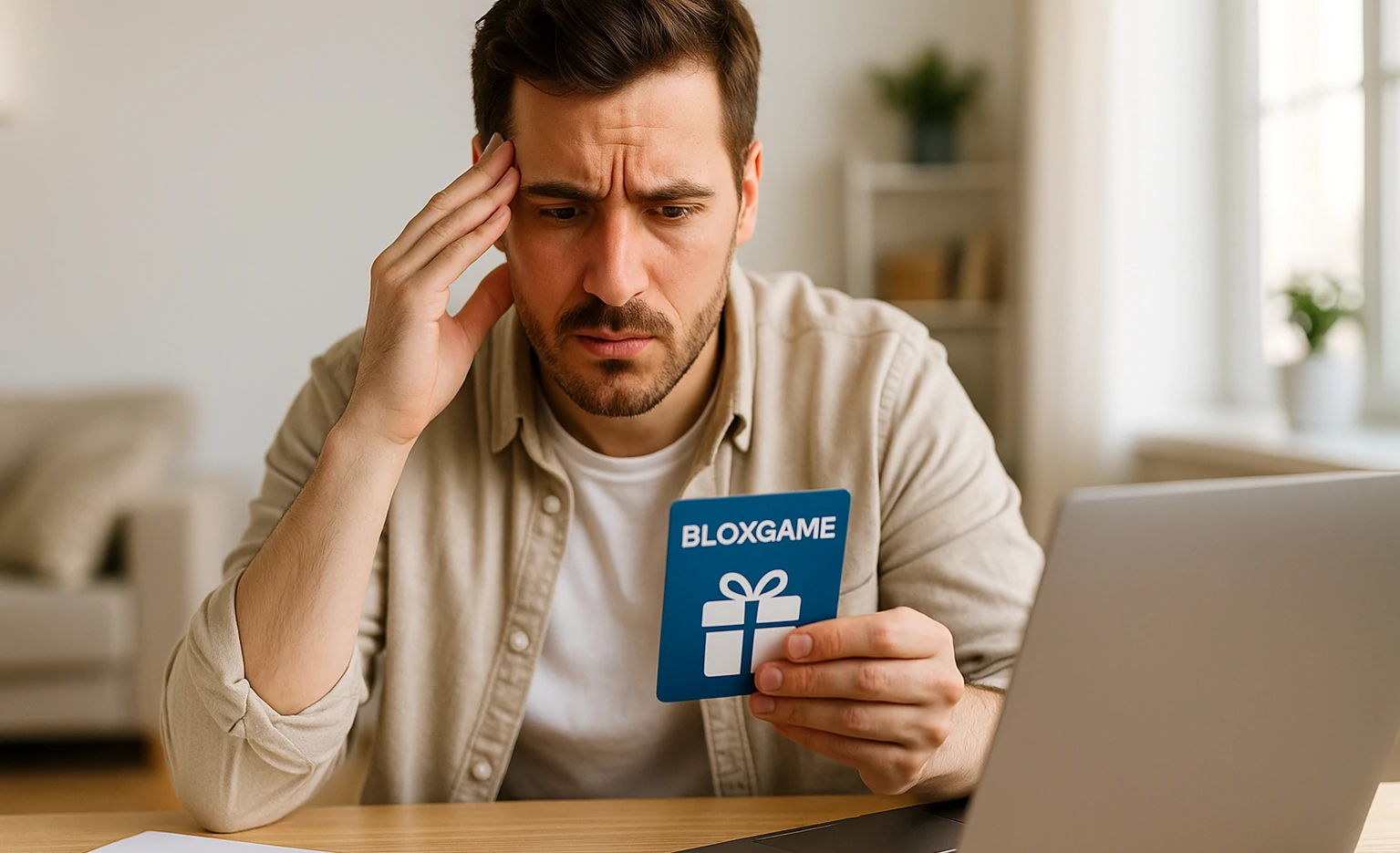 A man sitting at a desk holds a Bloxgame giftcard while looking at it carefully, expressing doubt and confusion.