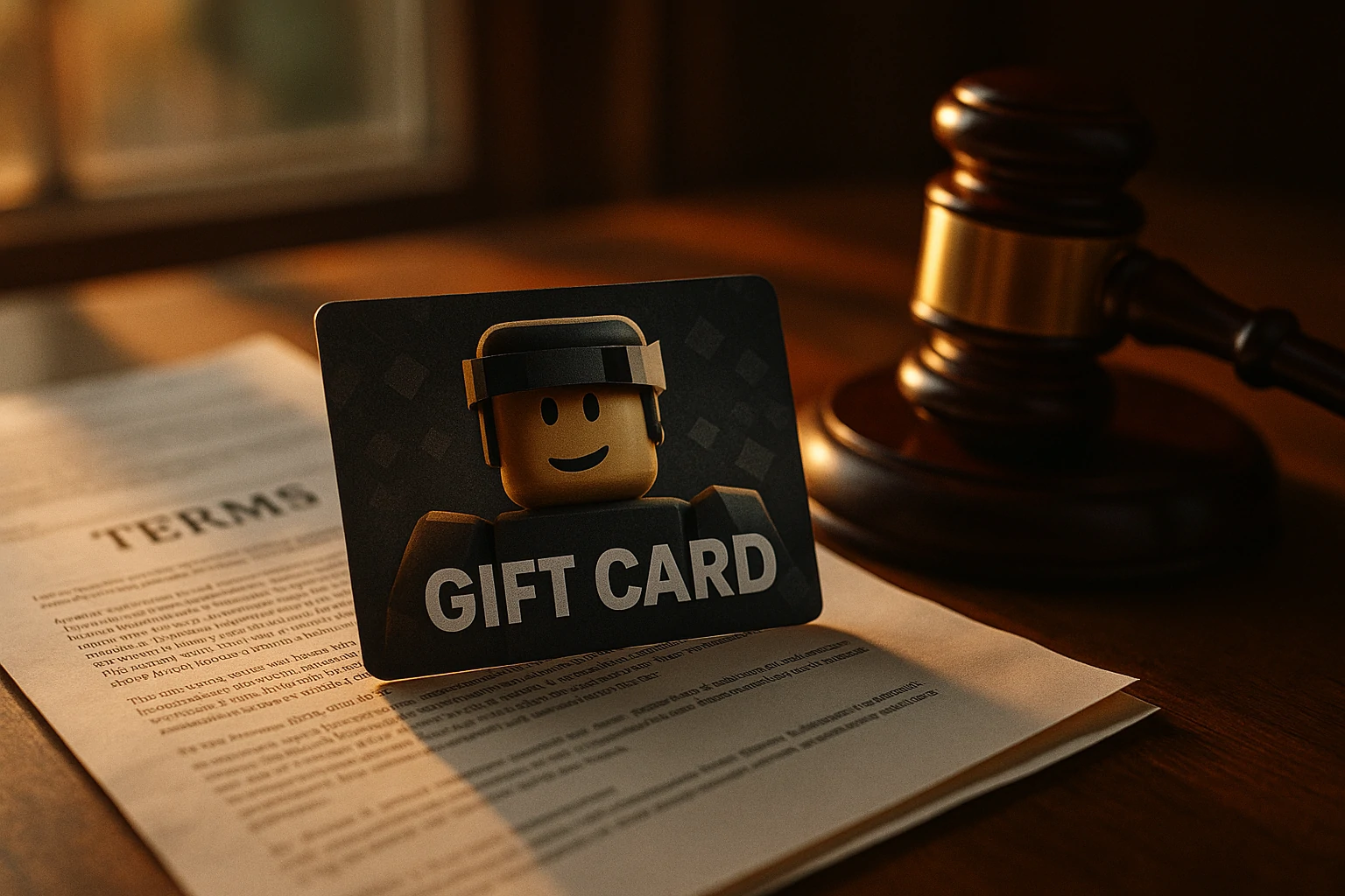 A cinematic photo of a Bloxgame giftcard placed on top of printed legal documents near a softly lit laptop.
