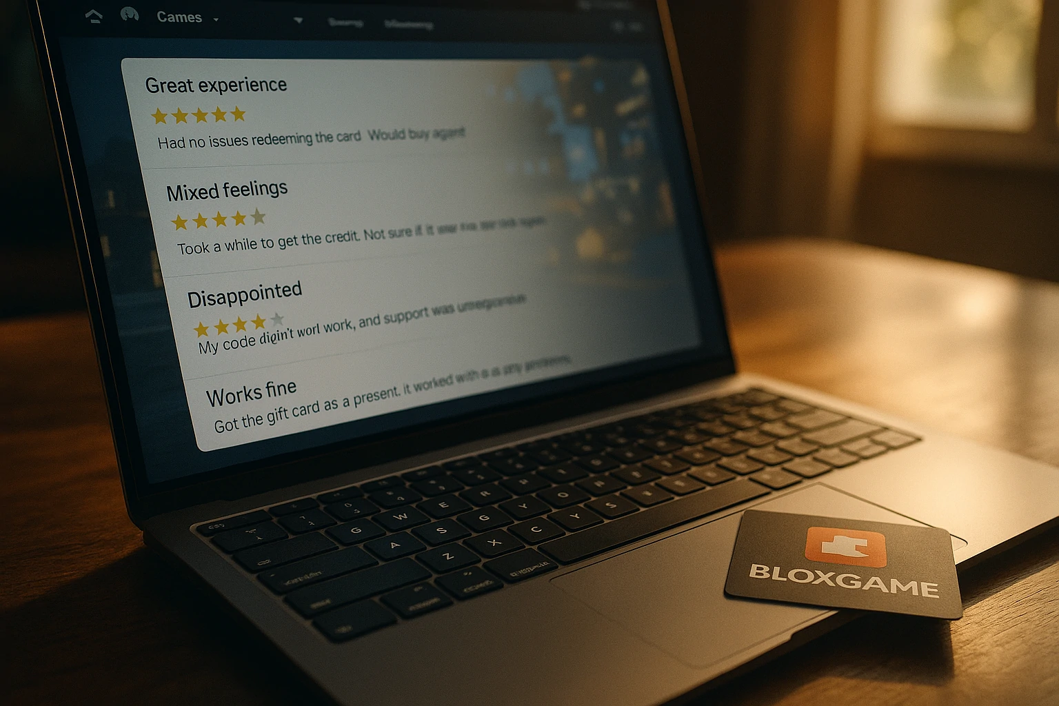 Laptop on desk with glowing screen showing online review platform for gaming gift cards.