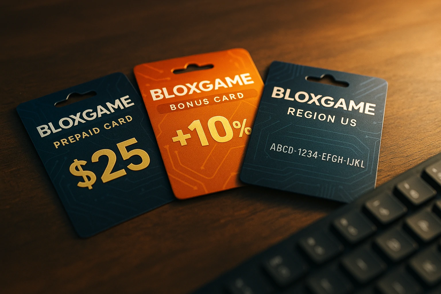 A cinematic photo of various Bloxgame giftcard types arranged on a wooden desk under glowing light, showing physical and digital game card options.
