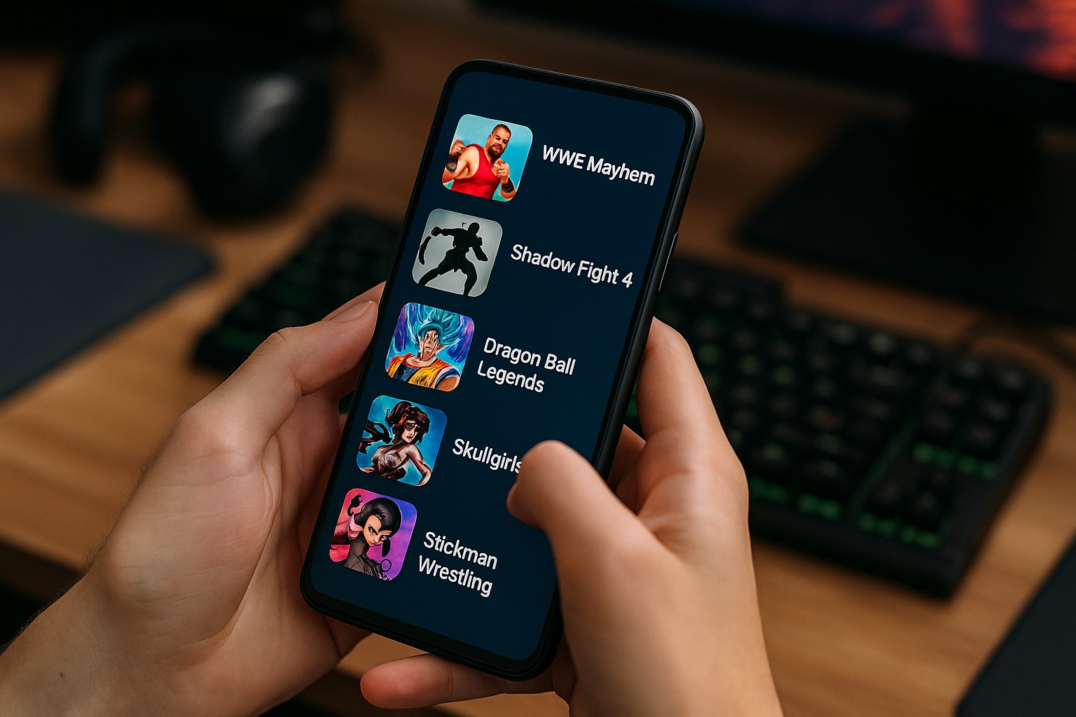 Gamer in a dark room holding a controller in front of screen.