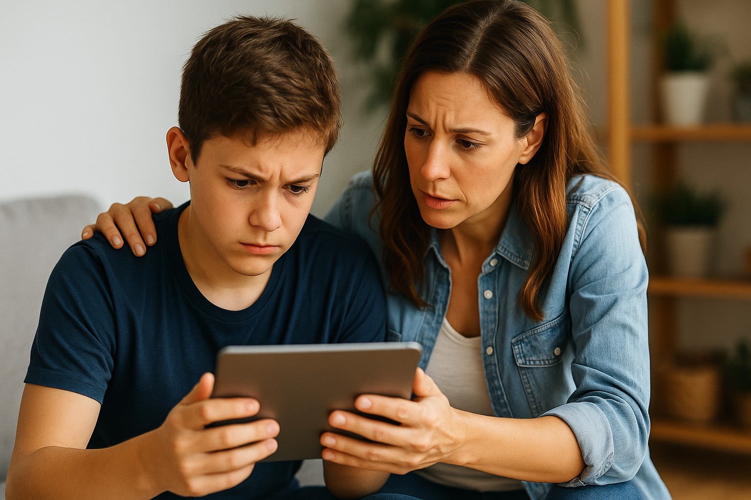 Parent and child discussing mobile safety in a cozy living room setting.