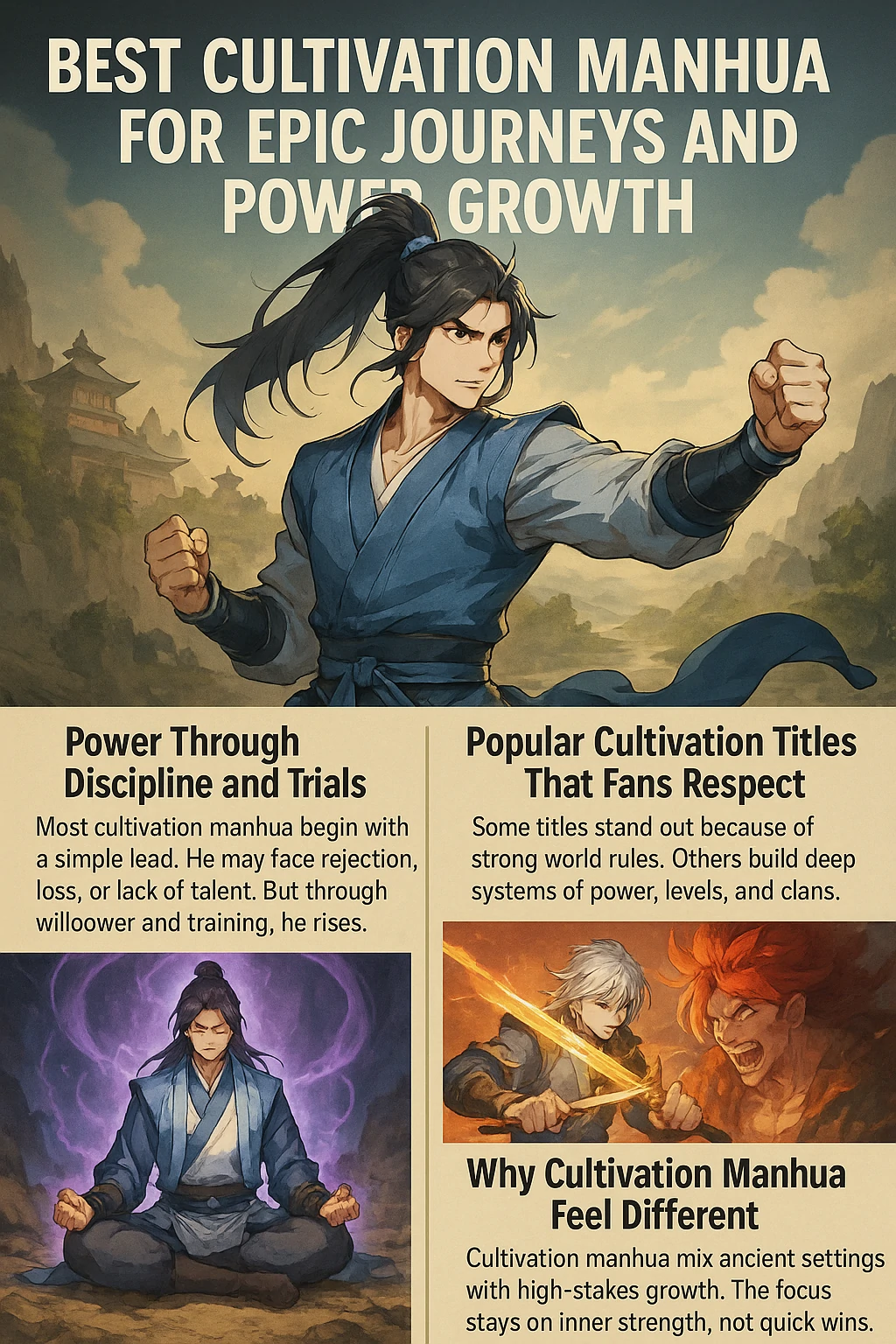 Illustration of a heroic character glowing with energy, surrounded by martial symbols and spirit aura in a cultivation-themed scene.