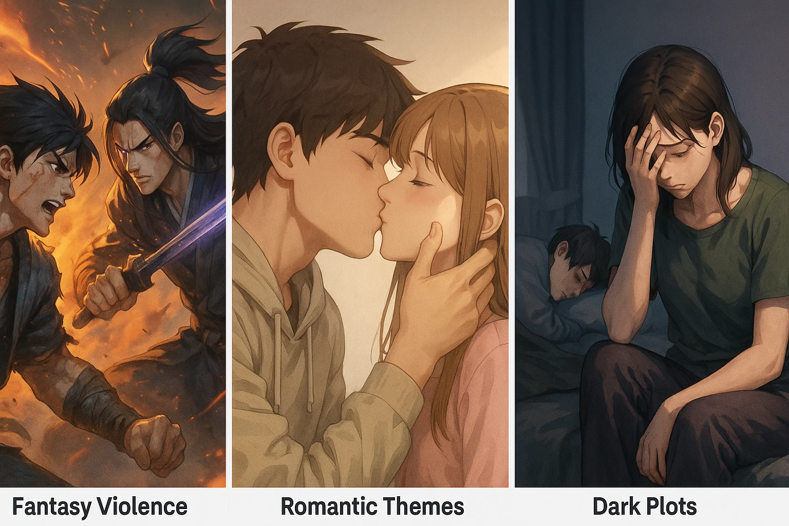 Visual guide showing three scenes of manhua genres: light romance, fantasy action, and emotional drama, hinting at content sensitivity.