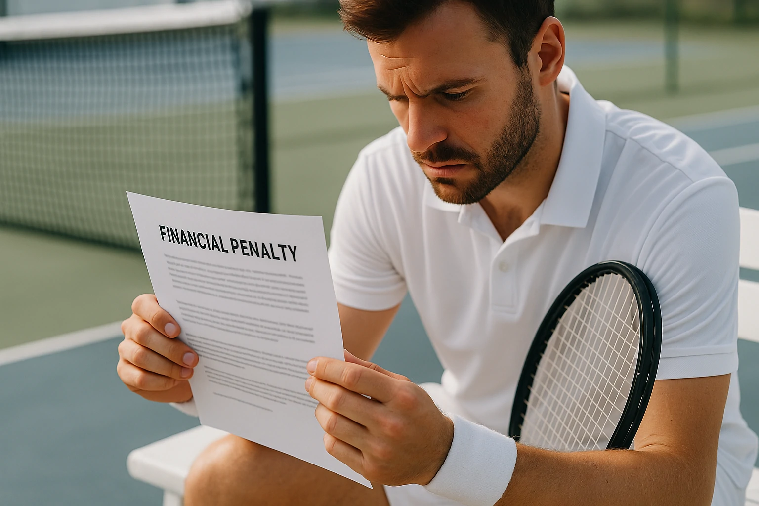 Tennis player gripping racket near court bench under soft light, symbolizing penalty review and fair play after a walkover