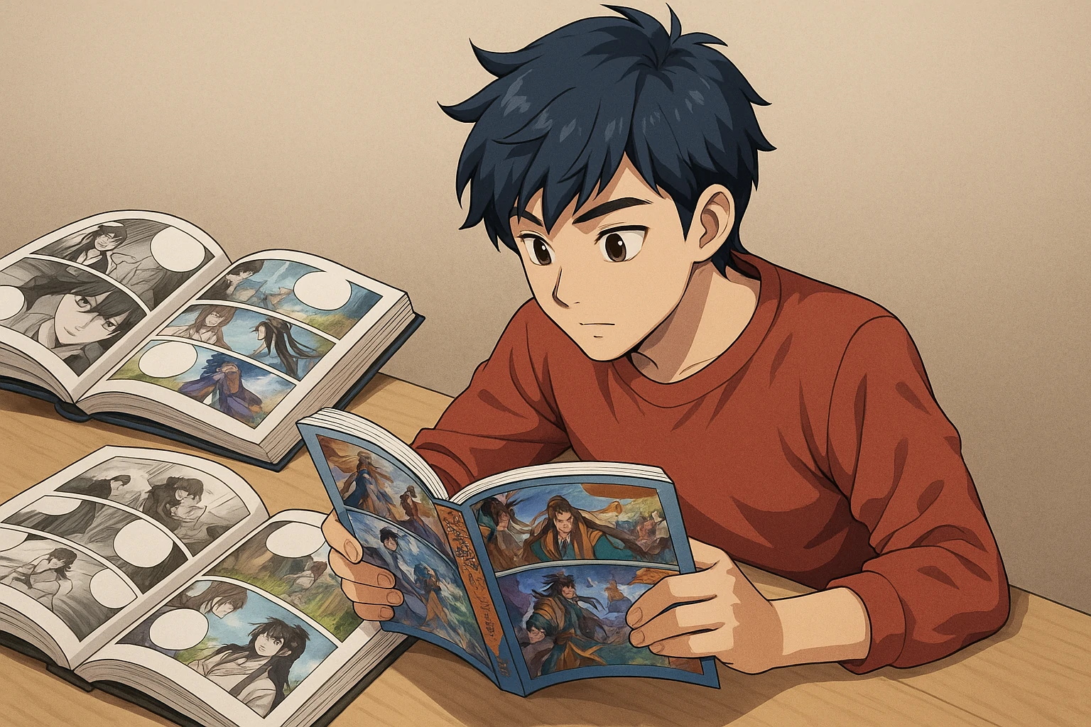 A cinematic-style digital illustration showing a young male character surrounded by glowing light in a dramatic fantasy setting, symbolizing Asian comic culture.