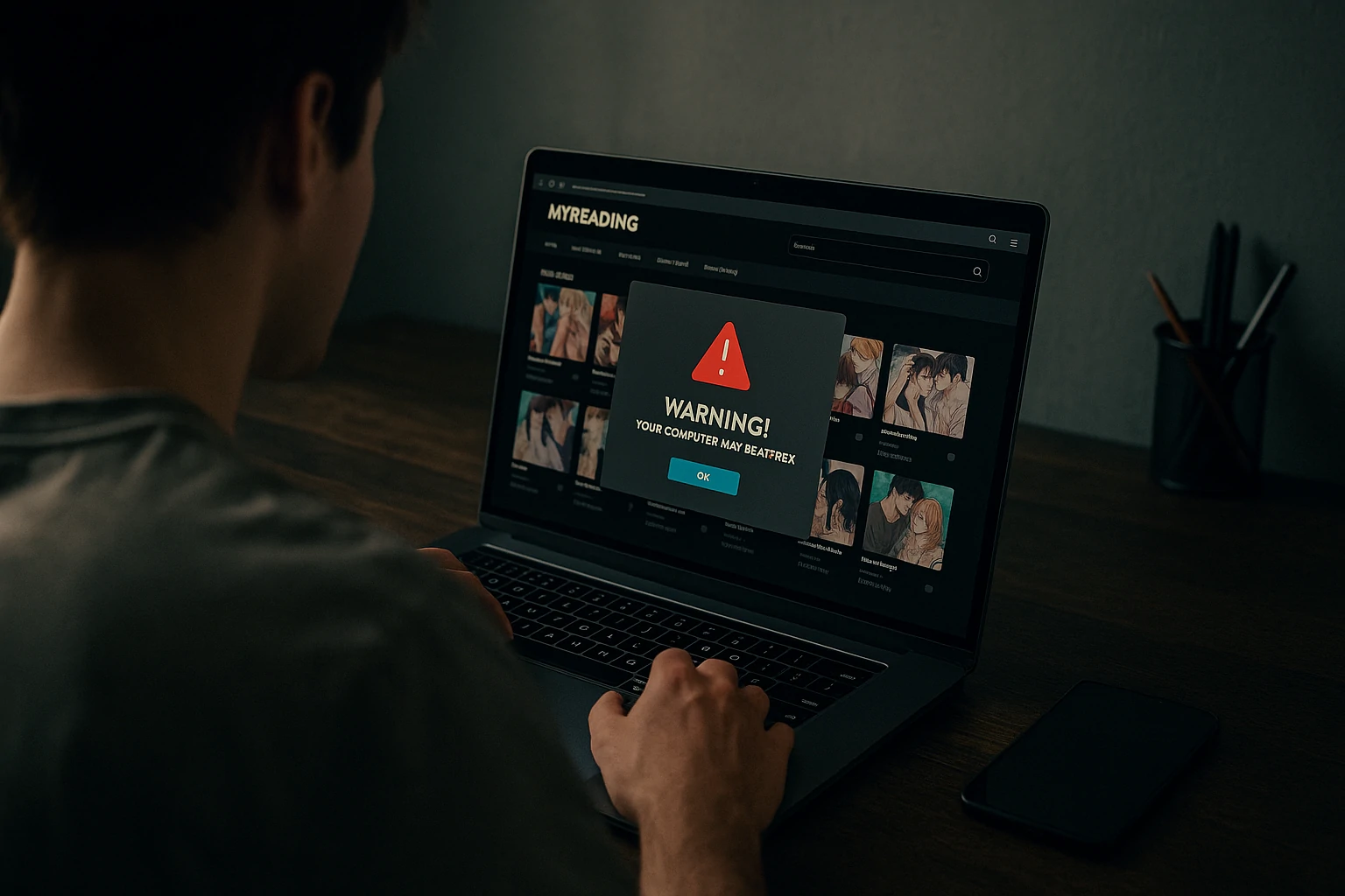 Person on laptop viewing MyReadingManga with malware warning on screen