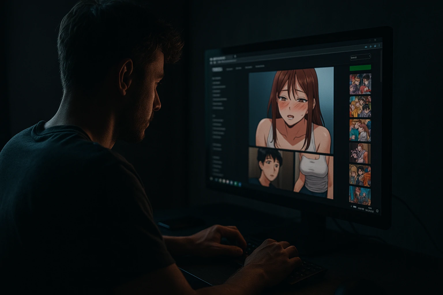 Image of a dimly lit room with a man reading manga on a screen, showing privacy risks