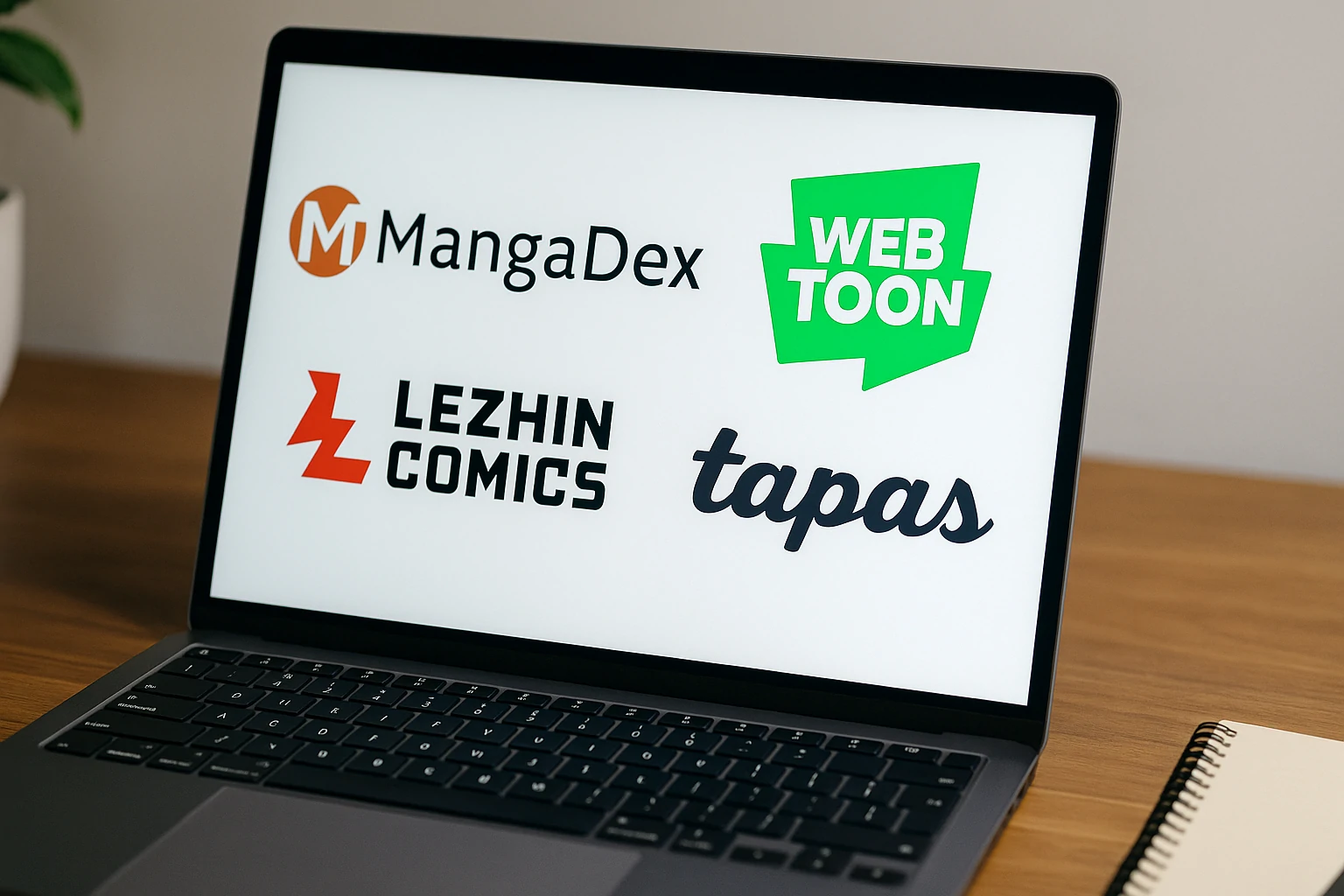 Laptop screen displaying multiple legal manga platforms like MangaDex and Webtoon in a clean reading setup