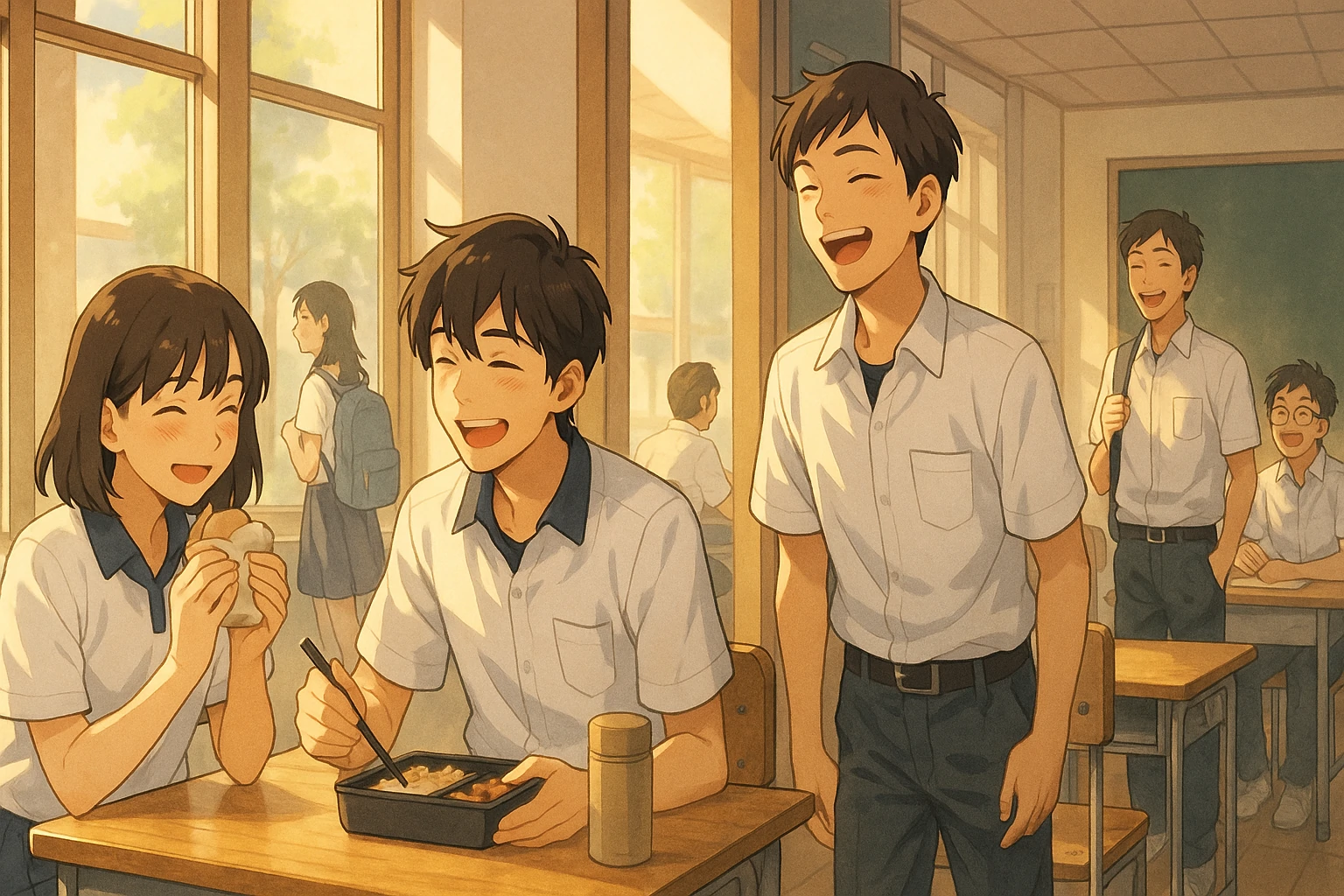 Digital artwork of students in a peaceful classroom, walking through halls, sharing lunch, and laughing—capturing everyday emotions in school life manhua.