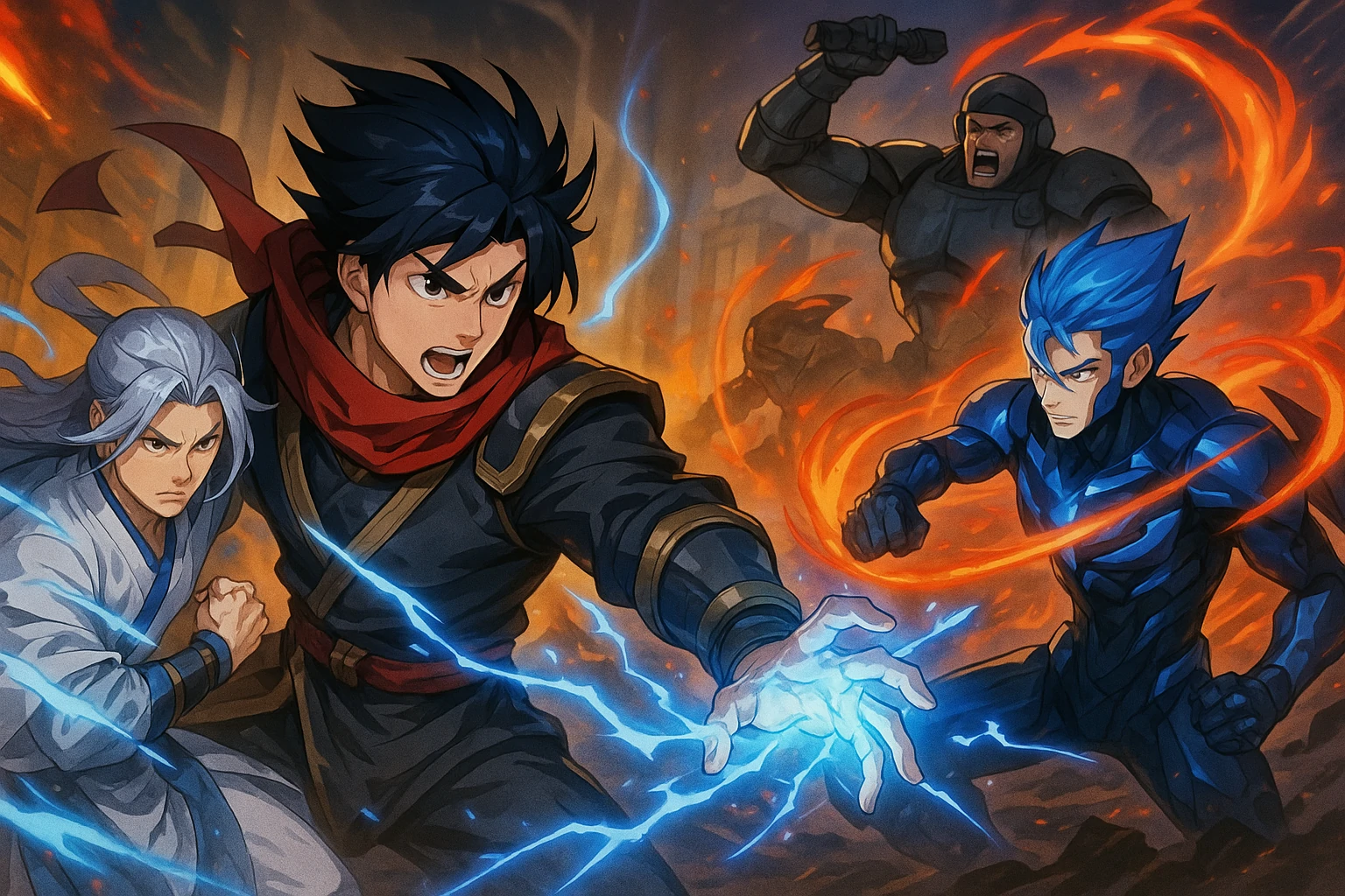 Futuristic battle scene featuring powerful manhua warriors locked in combat with vivid energy effects.