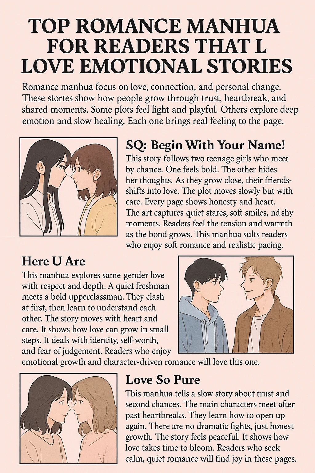 A digital painting of two young couples sharing tender moments, in a pastel-toned romantic manhua style, showing emotional connection and growth.