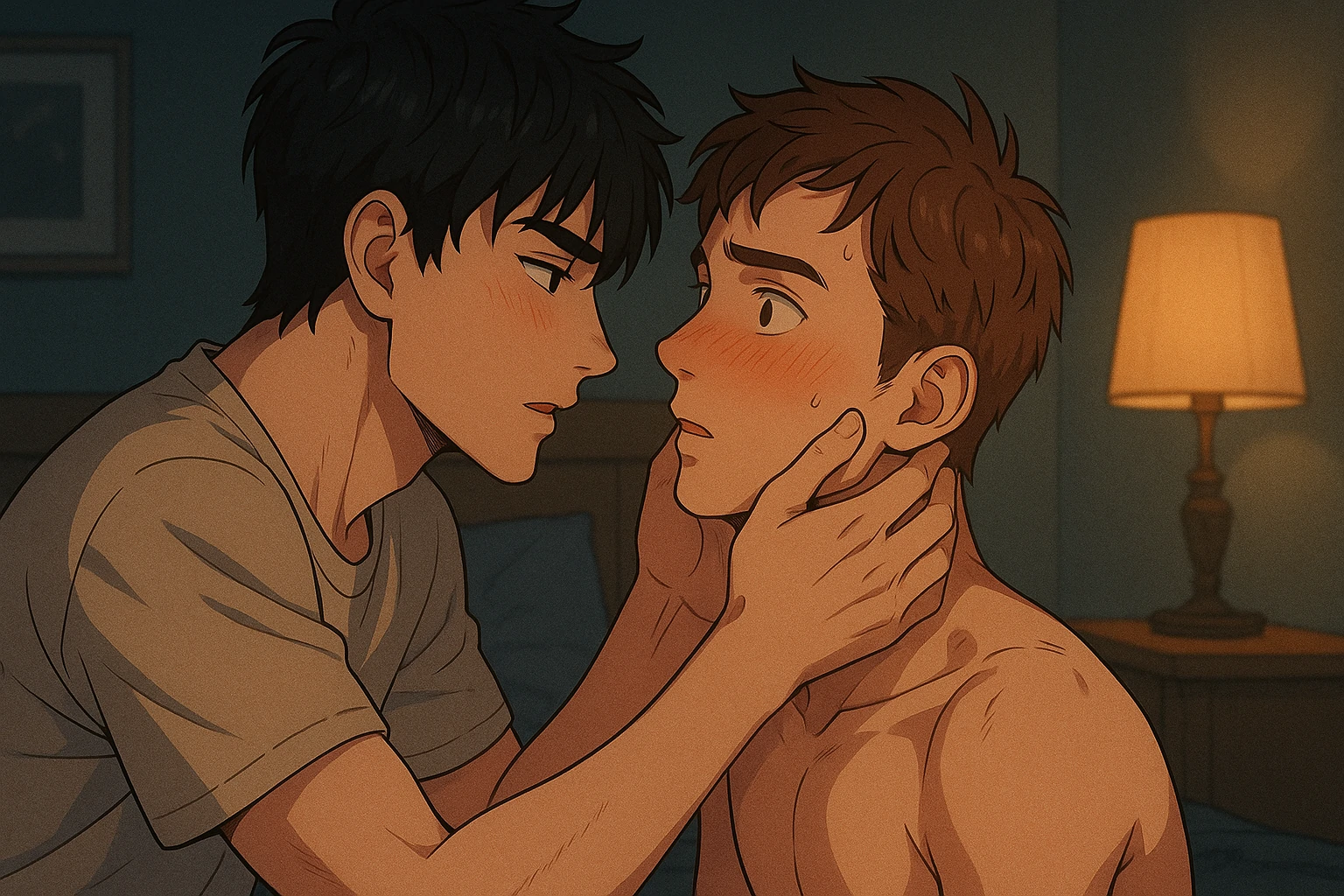 Anime-style male couple sitting close in a dimly lit bedroom, one gently holding the other's face with soft expressions.