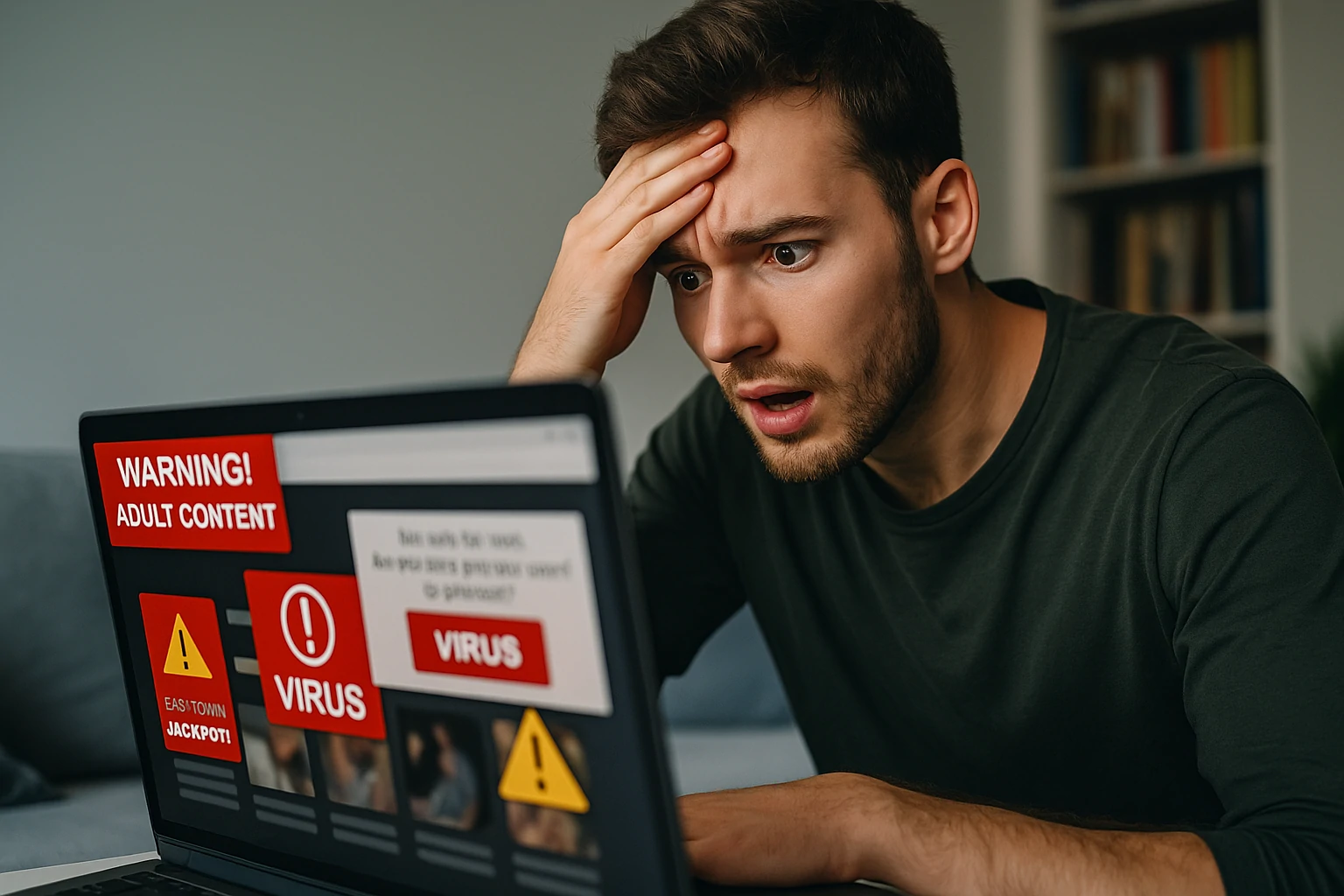 A young man looking at a laptop screen with concern in a dimly lit room, suggesting unsafe website use