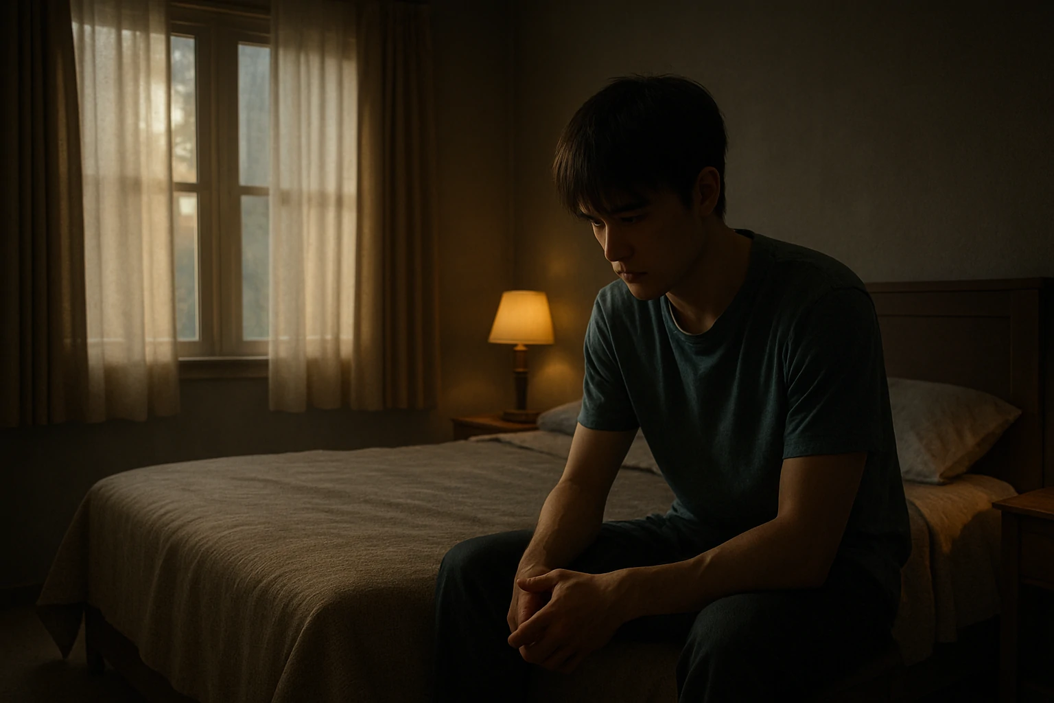 A cinematic image of a dimly lit room with a young man sitting quietly, symbolizing secrecy and private life