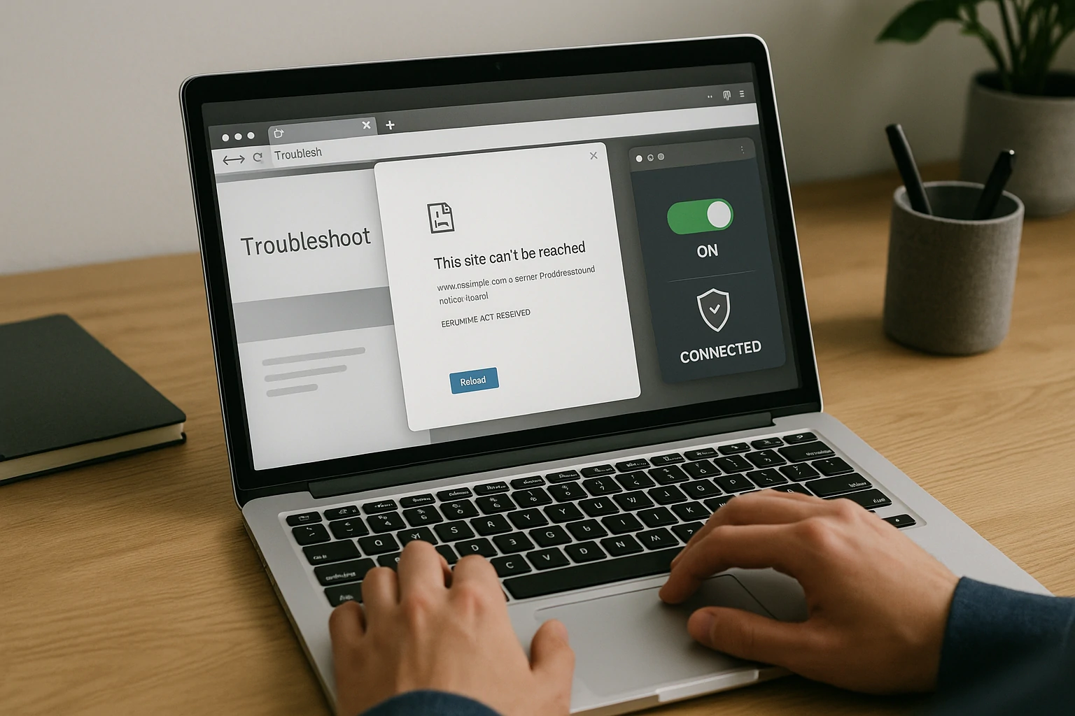 Person at a desk troubleshooting website access on a laptop with browser tabs and VPN settings open