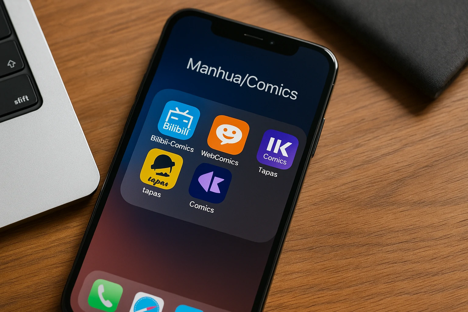 Smartphone displaying manhua reading apps like Bilibili Comics, WebComics, Tapas, and INKR Comics on a wooden table