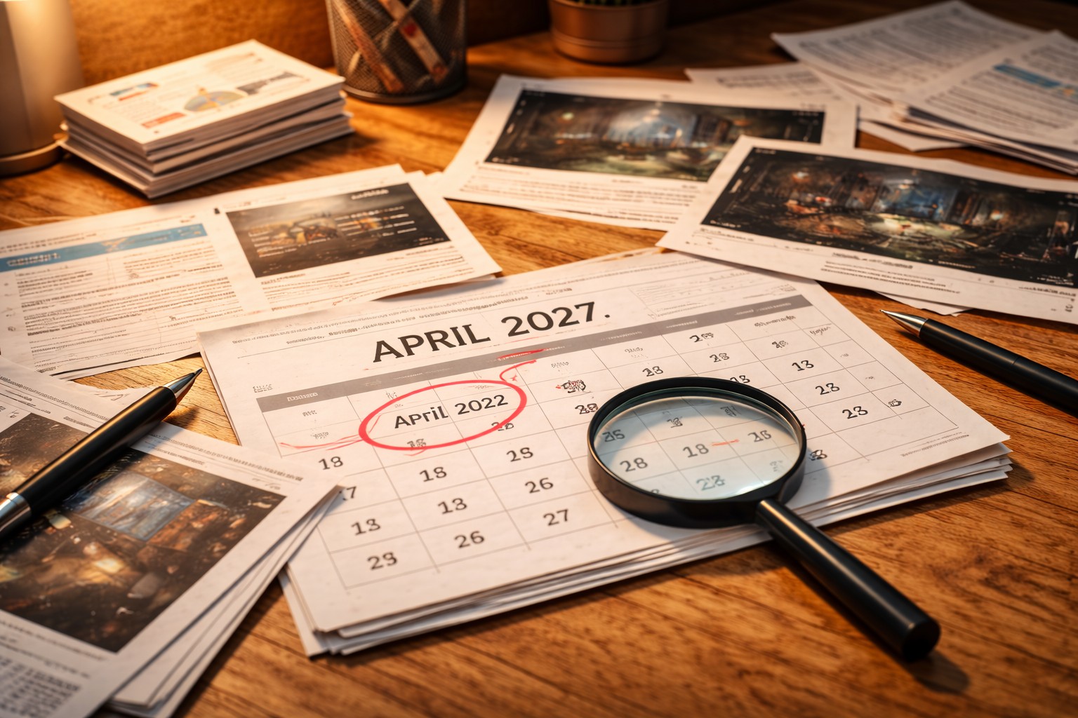 A realistic research desk with calendars, documents, and a magnifying glass highlighting April 2022, symbolizing a clear and verified answer to the Innerlifthunt game release date.
