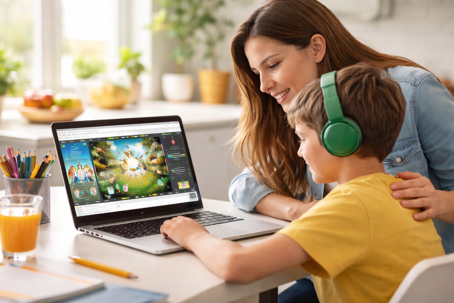 Mother supervising her child playing a browser-based online game on a laptop at home, showing safe and guided use of platforms like Syces Game Shack.