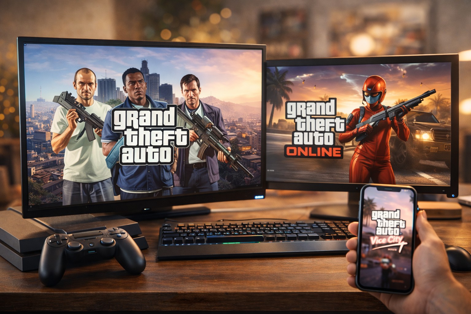 Grand Theft Auto versions displayed on console, PC, and mobile devices, showing GTA V, GTA Online, and classic titles across different platforms.