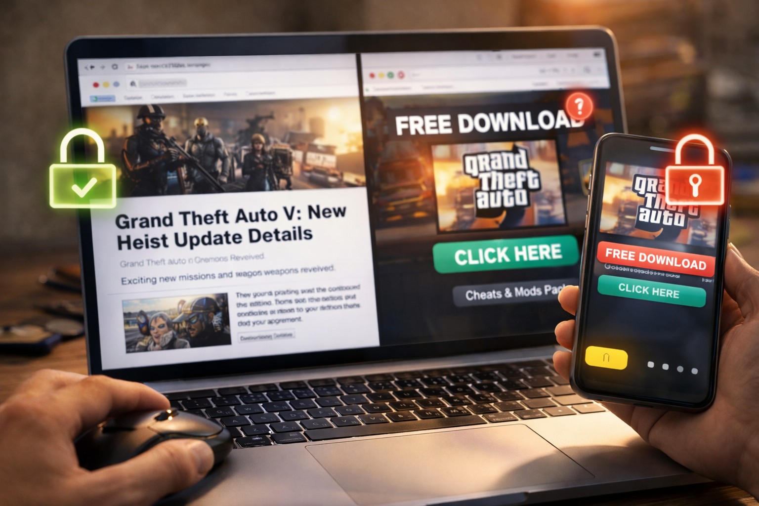 Laptop and smartphone showing official Grand Theft Auto update page beside a suspicious free download site, highlighting safe versus unsafe links online.