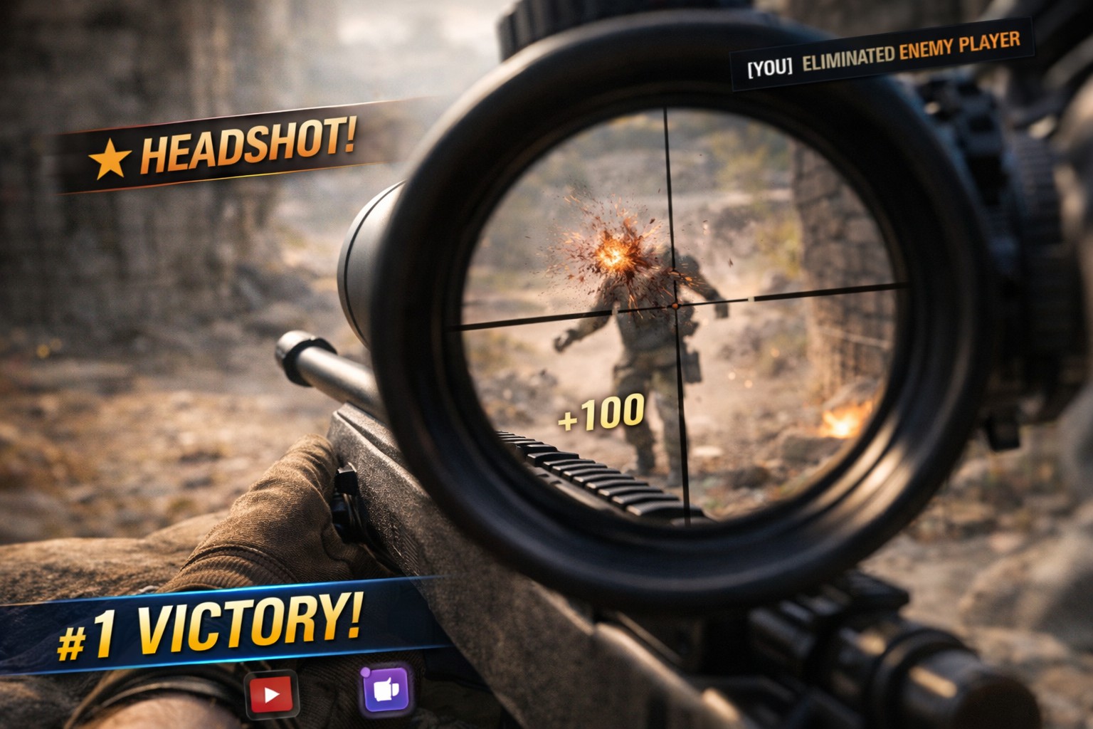 Scoped bolt-action sniper rifle aiming at a distant enemy in an FPS game from high ground, showing long-range dominance and precision scope gameplay