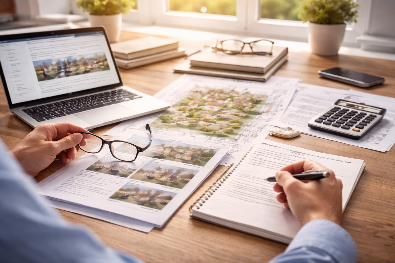 Person reviewing real estate documents, notes, and a laptop at a bright desk with natural light, showing careful research and patient decision-making before trust.