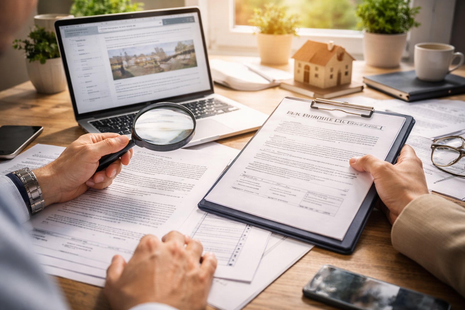 Close-up of hands reviewing real estate documents with a magnifying glass, laptop showing property details, and housing model on a desk in a bright modern office.