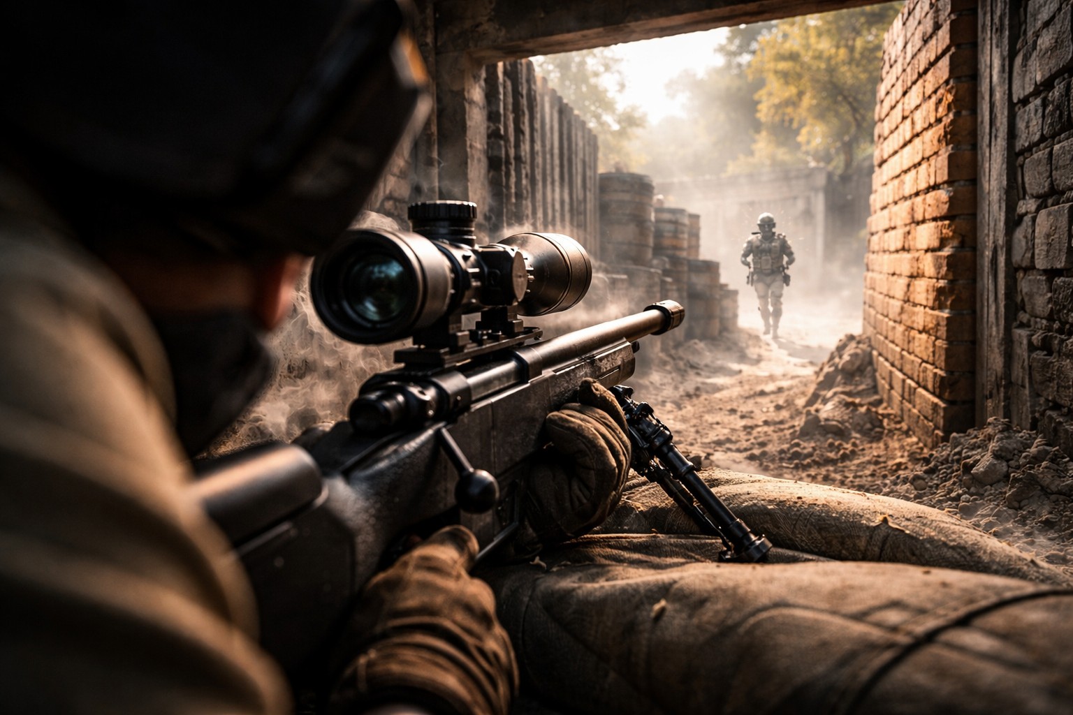 Bolt-action sniper rifle aiming from cover in an FPS game, controlling a narrow lane with one-shot kill potential and peek control strategy