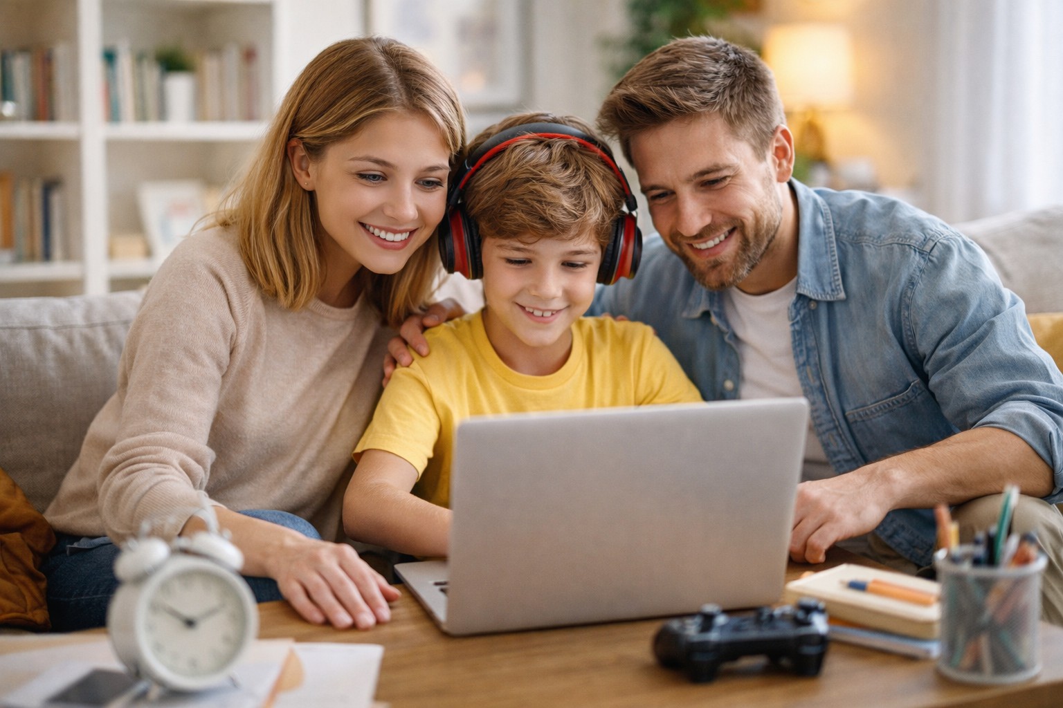 Parents sitting with their child at home while he plays browser games on a laptop, showing parental guidance, screen time balance, and safe gaming habits.