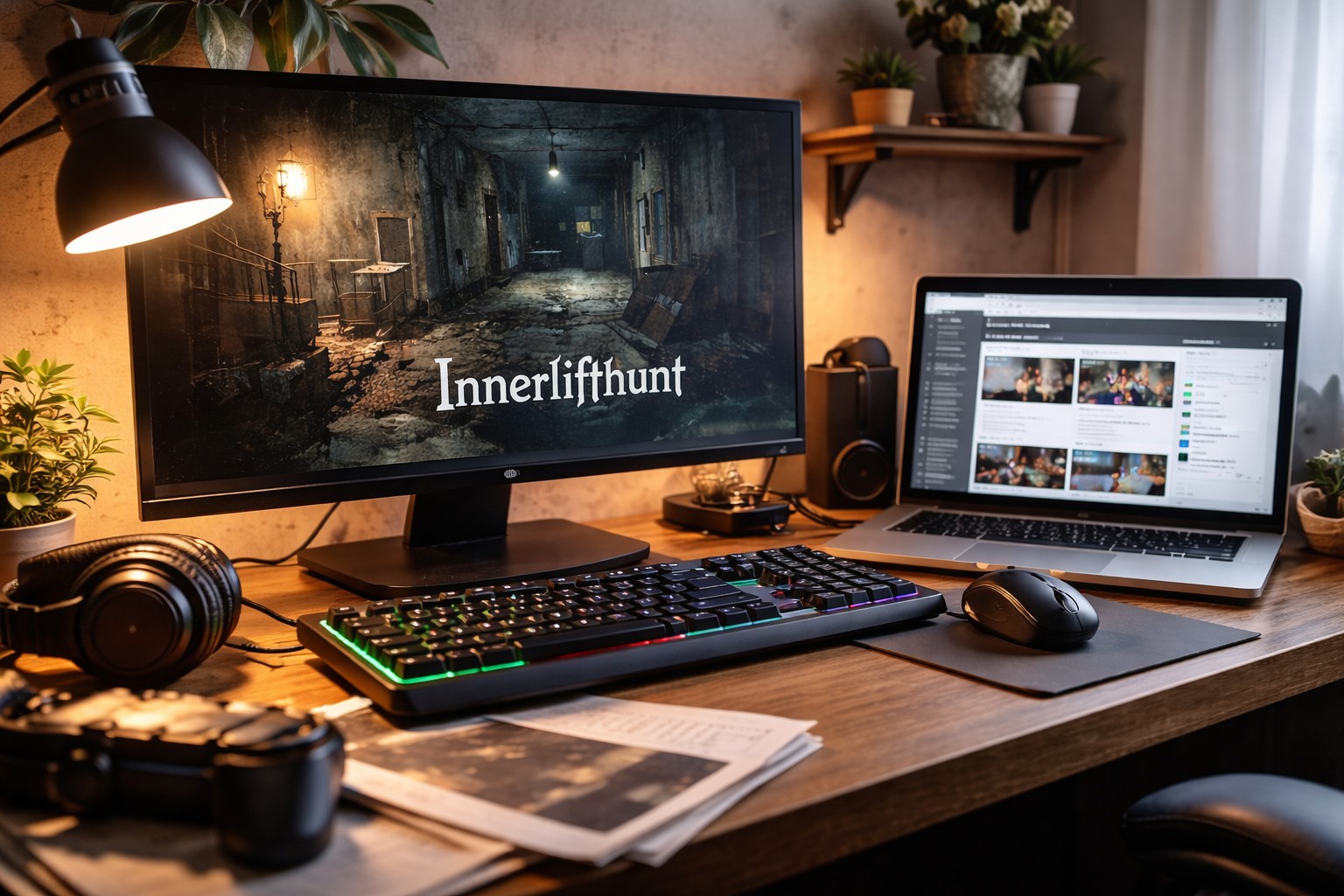 A realistic PC gaming desk setup with dual monitors, keyboard, mouse, and headphones, showing Innerlifthunt played on a computer to represent its availability on PC platforms only.