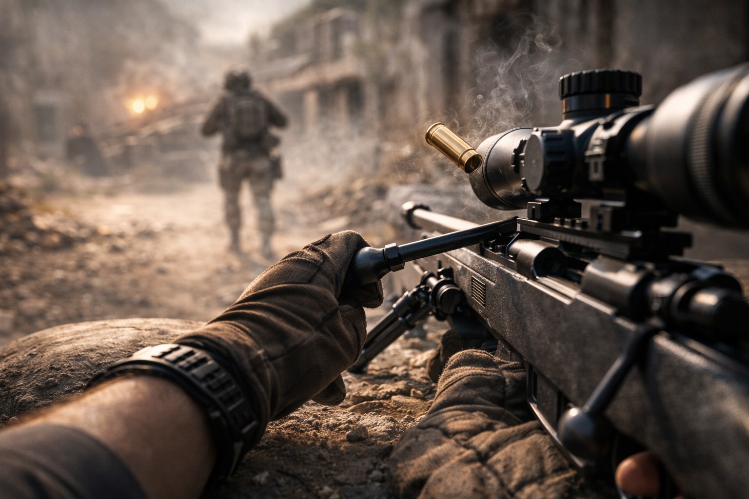 First-person FPS view of a bolt-action sniper rifle reload cycle with spent casing ejecting, showing bolt timing mechanic and disciplined sniper gameplay