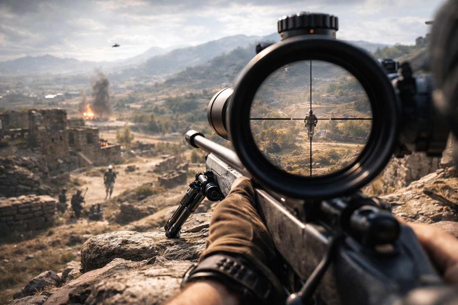 FPS bolt-action sniper headshot highlight moment through scope with one-shot kill, showing skill reward and competitive gameplay satisfaction