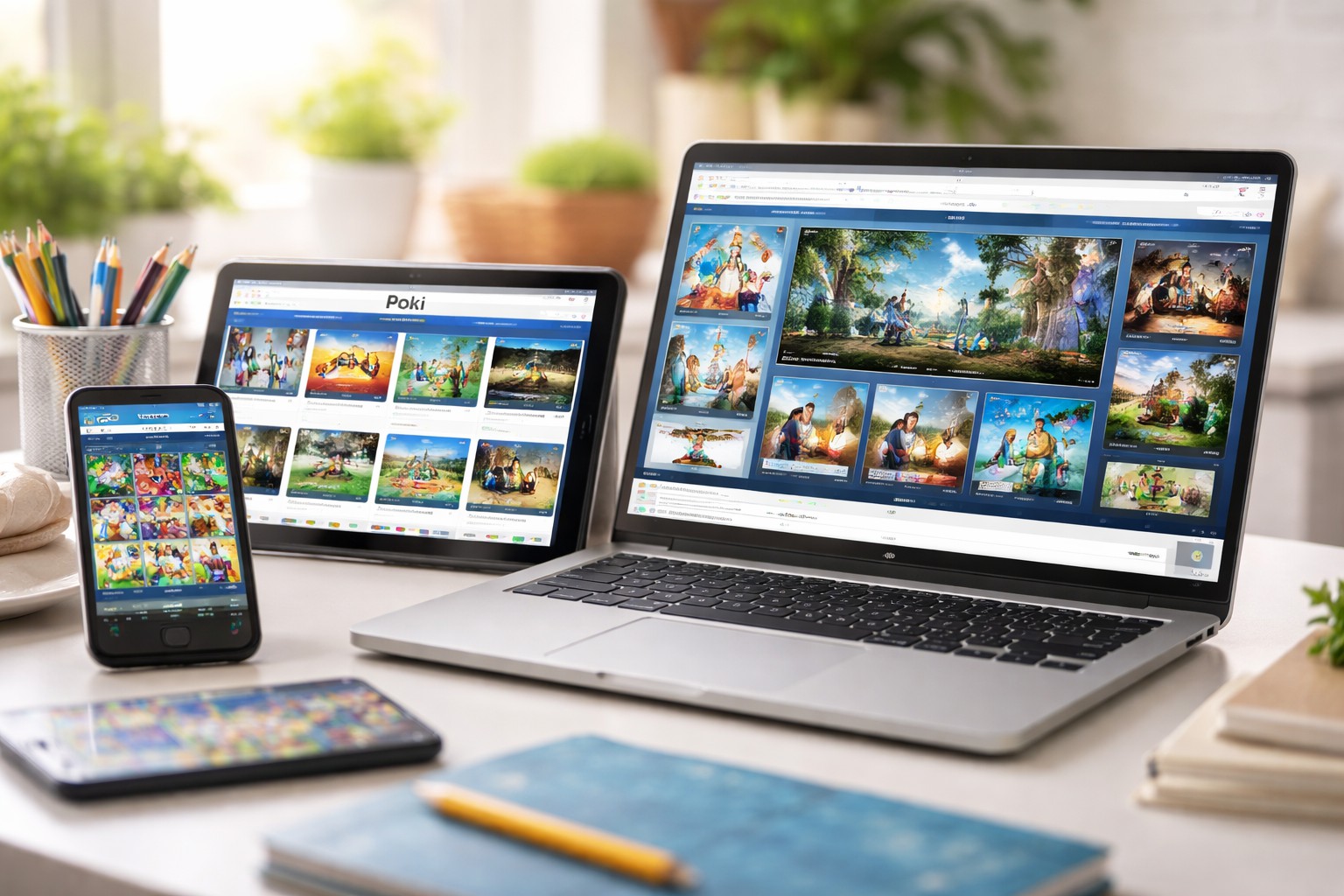 Laptop, tablet, and smartphone showing browser-based online game platforms on a desk, representing popular alternatives to Syces Game Shack such as Cool Math Games, Poki, and Crazy Games.