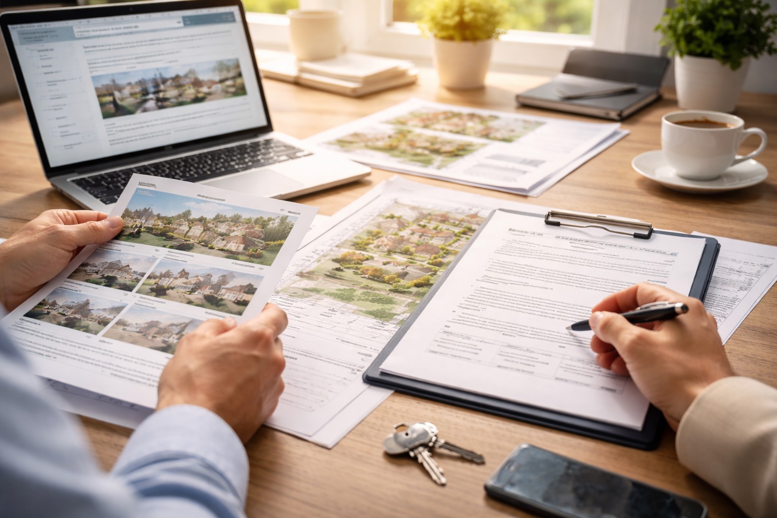 Two people reviewing real estate documents, housing brochures, and contracts on a desk with a laptop and keys in a bright office, showing stages after initial contact.